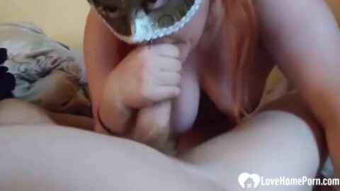 Masked Redhead Angel Sucks Cock Like a Filthy Cum Guzzling Slut & Swallows Every Drop! Image